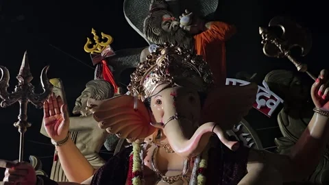 Ganesh Visarjan Procession with Illuminated Idol at Night Stock Footage 317428683