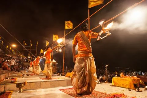 Ganga aarti ritual Stock Photos