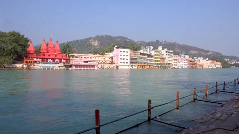 Ganges River and Riverside Temples in Haridwar, India — Wide View Stock Footage 320320974