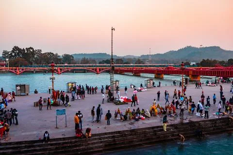 Ganges river bank with devotee crowed at evening from flat angle 스톡 사진