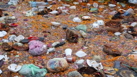 The Ganges River full of garbage. Stock Footage