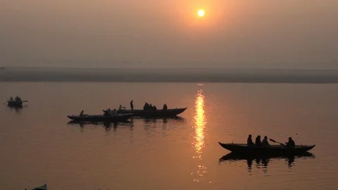 Ganges River at Sunset, Varanasi, India Stock Footage 112149071