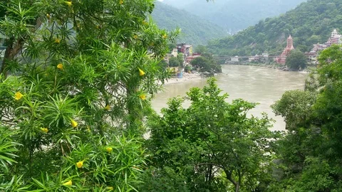 Ganges/Ganga river flowing through Rishikesh, India Stock Footage 114319755