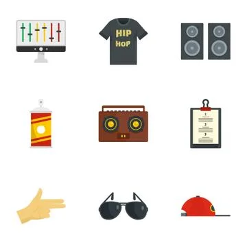 Gangsta rap icon set, flat style Stock Illustration