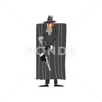 Gangster criminal character in black coat and fedora hat standing with gun and Stock Illustration