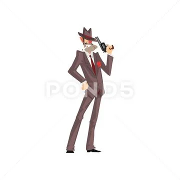 Gangster criminal character in a suit and fedora hat with gun vector Stock Illustration