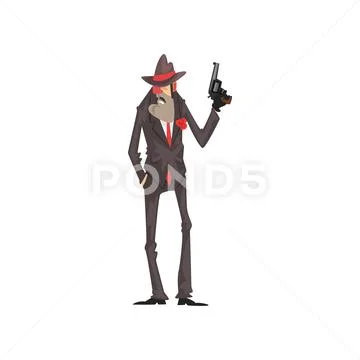 Gangster criminal character in a suit and fedora hat standing with gun vector Stock Illustration