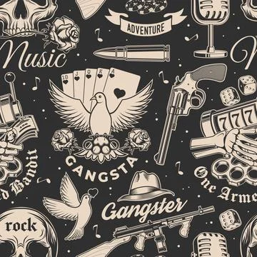 Gangster seamless pattern. Vector illustration. Vintage monochrome label, sti 스톡 일러스트