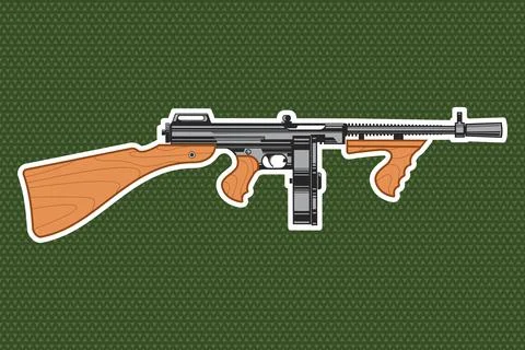 Gangster submachine gun sticker, patch for clothing. Vector illustration. F.. Illustrazione stock