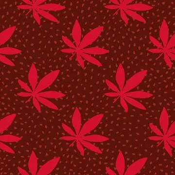 Ganja hand drawn seamless pattern. Maroon background with dots and red cannab 스톡 일러스트