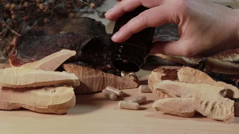 Ganoderma lucidum capsules with dark bottle Stock Footage 152794194