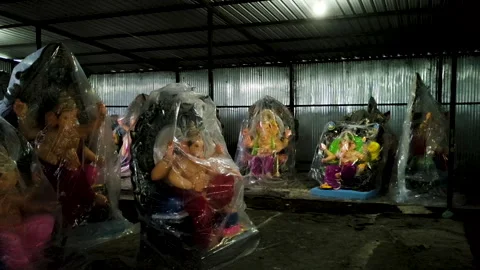 Ganpati idols covered in plastic ready for Ganesh Chaturthi festival India Video stock 315549461