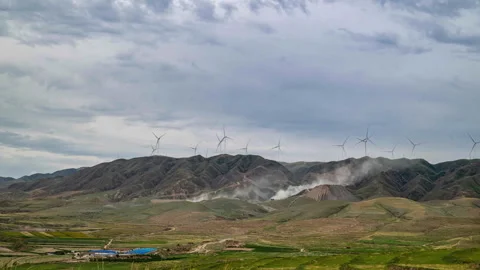 Gansu Distant Mountains with Wind Turbines Timelapse Scenic Stock-Footage 320162162