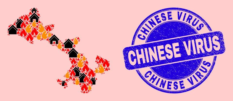 Gansu Province Map Collage of Fire and Houses and Textured Chinese Virus Seal Ilustración de archivo