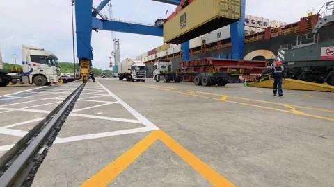 Gantry Crane Lifts MSC Container Above Trailer Chassis at Port of Guayaquil Stock Footage 343811495