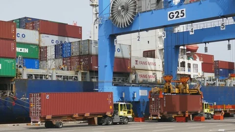 Gantry crane load at the harbor 4k intro video for business Stock Footage 89789122