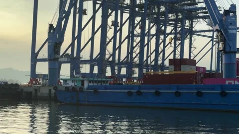 Gantry Crane Loading Containers Onto Ship At Dawn Medium Shot. Stock-Footage 343141273