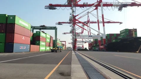 A gantry crane lowering a container Stock Footage 167345738