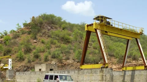 Gantry Crane on Platform in Hilly Landscape of Piplantri, Rajasthan Stock Footage 313171733