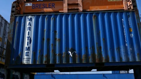 Gantry crane is unloading a container from a ship 4k intro video for business Stock Footage 104501135