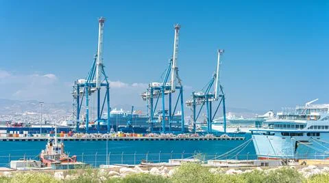 Gantry cranes, container warehouse in cargo terminal of Limassol port, Cyprus Stock Photos