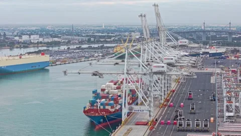 Gantry cranes loading container ship at Melbourne port Stock Footage 333239036