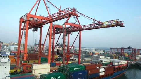 Gantry cranes moving cargo containers at Dublin Port in Ireland. Stock Footage 286310429