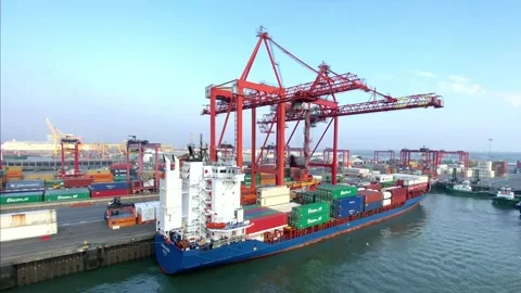 Gantry cranes moving cargo containers at Dublin Port in Ireland. Stock Footage 286310442