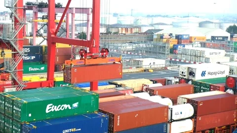 Gantry cranes moving cargo containers at Dublin Port in Ireland. Stock Footage 286311199