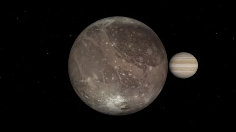Ganymede eclipsing Jupiter. Scientifically accurate space animation. 4K 60fps Stock Footage 314586161