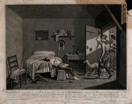 The gaoler opening the door of the prison cell to find Condorcet lying on h.. Stock Illustration