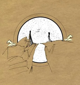 The gap between lovers. Ink drawing of a landscape with a full moon. Stock Illustration