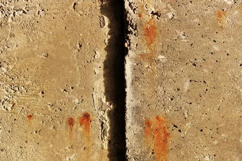 The gap between two docked concrete slabs. traces of rust on a gray backgroun Stock Photos