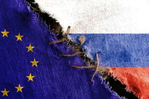 The gap between the two flags, Russia  and European Union, as a concept of po Stock Photos