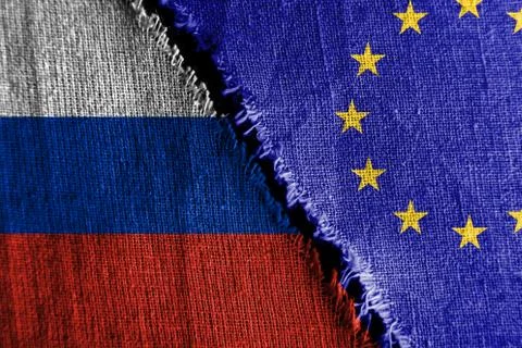 The gap between the two flags, Russia  and European Union, as a concept of po Stock Photos