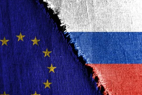 The gap between the two flags, Russia  and European Union, as a concept of po Stock Photos