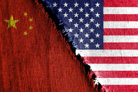 The gap between the two flags, the United States and China, as a concept of p Stock Photos