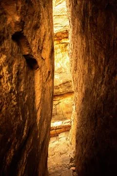Gap between two Gigantic sandstone rocks at Badami,Karnataka,India Stock Photos