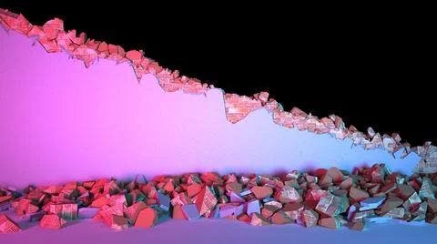 Gap in a brick wall covered with plaster diagonally in neon lighting Illustrazione stock