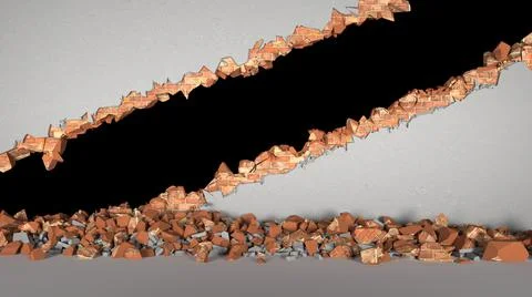 Gap in a brick wall covered with plaster diagonally Illustrazione stock