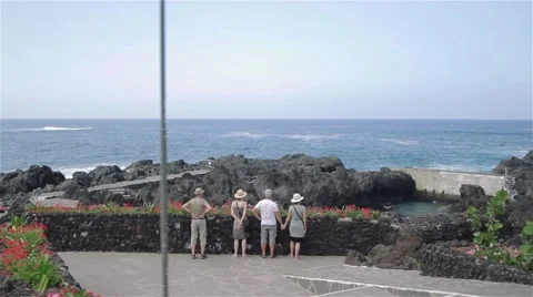 Garachico Town In Tenerife - People Looking at Ocean Volcanic Rock Beach Steady Stock Footage
