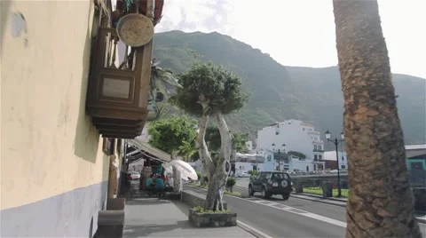 Garachico Town In Tenerife - Walk Through Steady Town Street People Cars Sunny Stock Footage