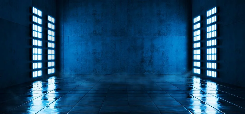 Garage background. Dark empty warehouse. Blue led spotlights on hangar wall.. Stock Illustration