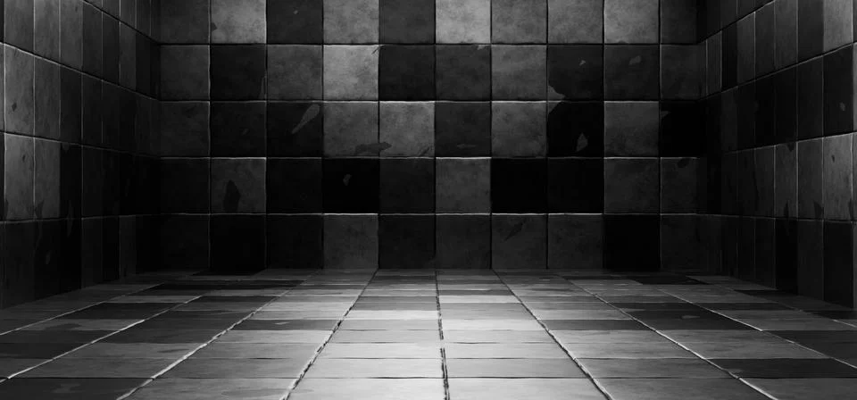 Garage background. Dark empty warehouse with tile floor and wall. Futuristi.. Stock Illustration
