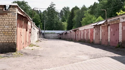 Garage cooperative. Dense development of brick garages Stock Footage 259137199