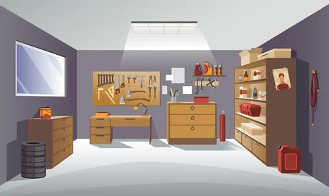 Garage interior with instruments, tools for carpentry and repair works. Empty Illustrazione stock