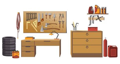 Garage interior with instruments, tools for carpentry and repair works. Empty Ilustración de archivo
