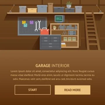 Garage Interior. Machine Service Flat Banner. Stock Illustration