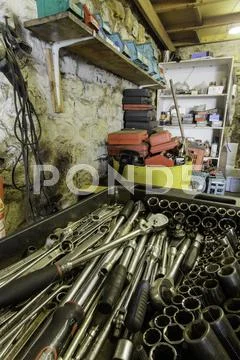 Garage interior with variety of tools Stock Photos