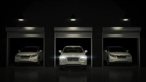 Garage with Opened Roller Door. 3D Rendering Stock Illustration